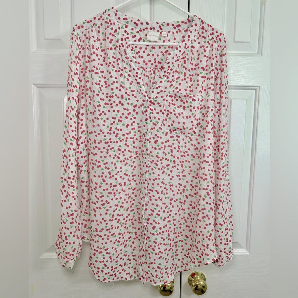Zac & Rachel Cherry Novelty Print Long Sleeve Roll Tab Button Up Blouse Top XL